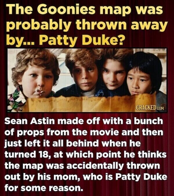 The Goonies map was probably thrown away by... Patty Duke? CRACKED.COM Sean Astin made off with a bunch of props from the movie and then just left it all behind when he turned 18, at which point he thinks the map was accidentally thrown out by his mom, who is Patty Duke for some reason.