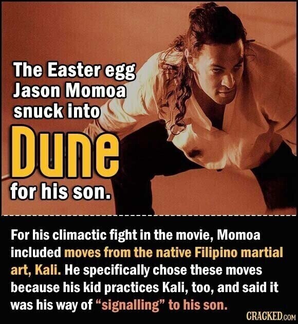 The Easter egg Jason Momoa snuck into Dune for his son. For his climactic fight in the movie, Momoa included moves from the native Filipino martial art, Kali. Не specifically chose these moves because his kid practices Kali, too, and said it was his way of signalling to his son. CRACKED.COM