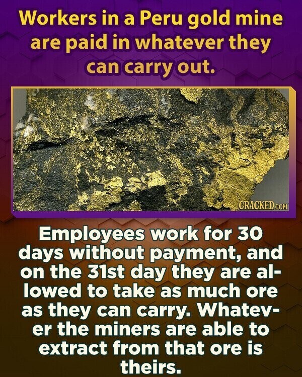 Workers in a Peru gold mine are paid in whatever they can carry out. CRACKED.COM Employees work for 30 days without payment, and on the 31st day they are al- lowed to take as much ore as they can carry. Whatev- er the miners are able to extract from that ore is theirs.