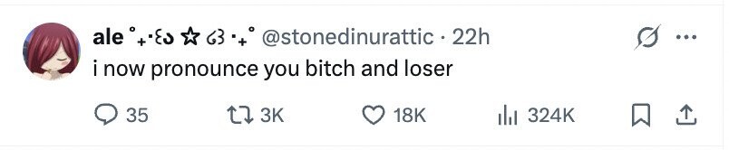 ale °+٠٤٥ 63 '+ @stonedinurattic.2 22h i now pronounce you bitch and loser 35 3K 18K 324K