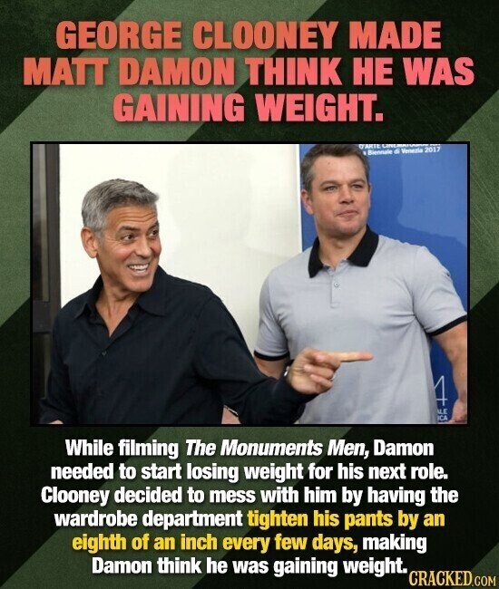 GEORGE CLOONEY MADE MATT DAMON THINK НЕ WAS GAINING WEIGHT. C'ARTE UNIVERSITY Biennale di Venezia 2017 ALE ICA While filming The Monuments Men, Damon needed to start losing weight for his next role. Clooney decided to mess with him by having the wardrobe department tighten his pants by an eighth of an inch every few days, making Damon think he was gaining weight. CRACKED.COM