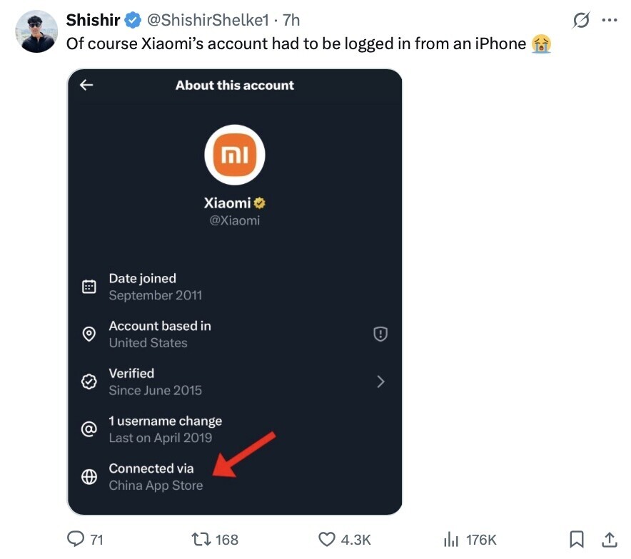 Shishir @ShishirShelke1 7h S ... Of course Xiaomi's account had to be logged in from an iPhone About this account MI Xiaomi @Xiaomi Date joined September 2011 Account based in United States Verified Since June 2015 1 username change @ Last on April 2019 Connected via China App Store 71 168 4.3K del 176K 