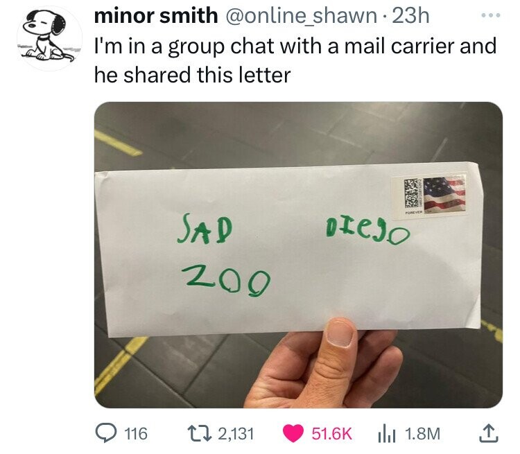 minor smith @online_shawn 23h ... I'm in a group chat with a mail carrier and he shared this letter DICIO SAD FOREVER 200 116 2,131 51.6K 1.8M 