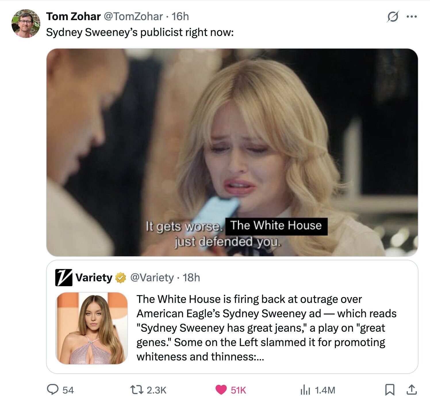 Tom Zohar @TomZohar. 16h s ... Sydney Sweeney's publicist right now: It gets worse. The White House just defended you. Variety @Variety 18h The White House is firing back at outrage over American Eagle's Sydney Sweeney ad-which reads Sydney Sweeney has great jeans, a play on great genes. Some on the Left slammed it for promoting whiteness and thinness:... 54 2.3K 51K 1.4M 