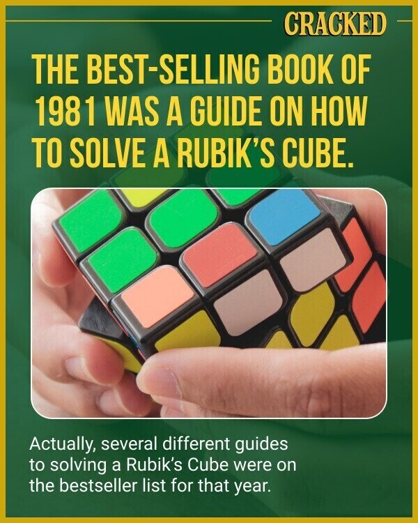 CRACKED THE BEST-SELLING BOOK OF 1981 WAS A GUIDE ON HOW TO SOLVE A RUBIK'S CUBE. Actually, several different guides to solving a Rubik's Cube were on the bestseller list for that year.