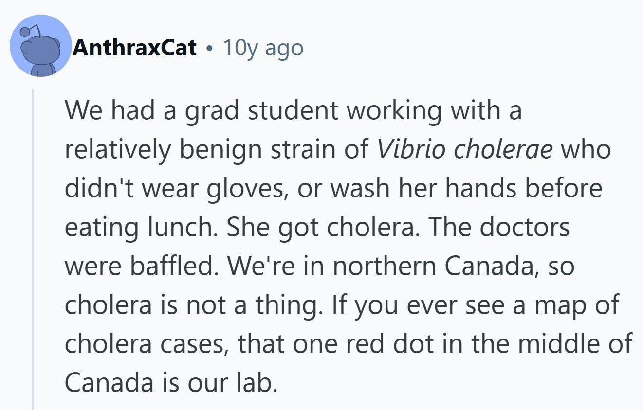 AnthraxCat . 10y ago We had a grad student working with a relatively benign strain of Vibrio cholerae who didn't wear gloves, or wash her hands before eating lunch. She got cholera. The doctors were baffled. We're in northern Canada, so cholera is not a thing. If you ever see a map of cholera cases, that one red dot in the middle of Canada is our lab.