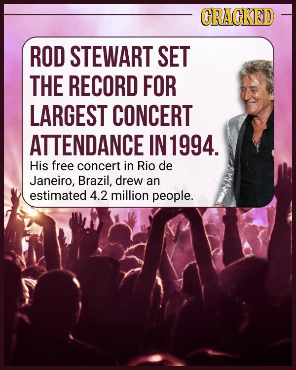 CRACKED ROD STEWART SET THE RECORD FOR LARGEST CONCERT ATTENDANCE IN1994. His free concert in Rio de Janeiro, Brazil, drew an estimated 4.2 million people.