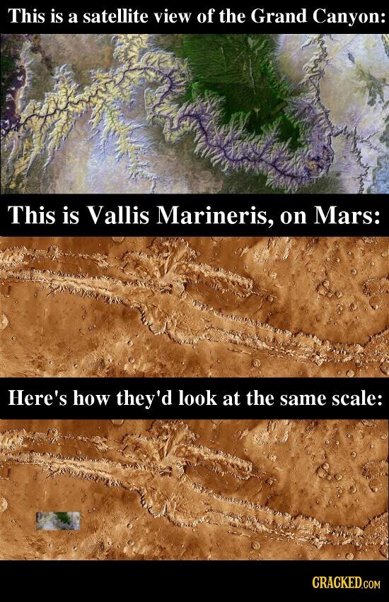 This is a satellite view of the Grand Canyon: This is Vallis Marineris, on Mars: Here's how they'd look at the same scale: CRACKED.COM