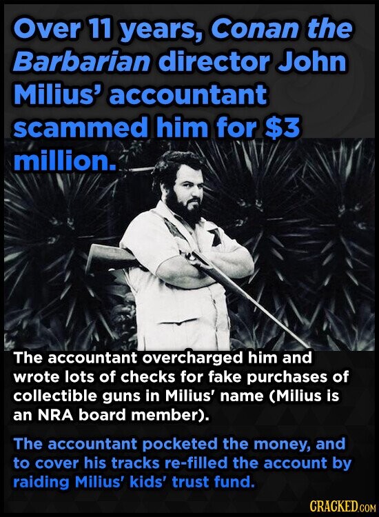 Over 11 years, Conan the Barbarian director John Milius' accountant scammed him for $3 million. The accountant overcharged him and wrote lots of checks for fake purchases of collectible guns in Milius' name (Milius is an NRA board member). The accountant pocketed the money, and to cover his tracks re-filled the account by raiding Milius' kids' trust fund. CRACKED.COM
