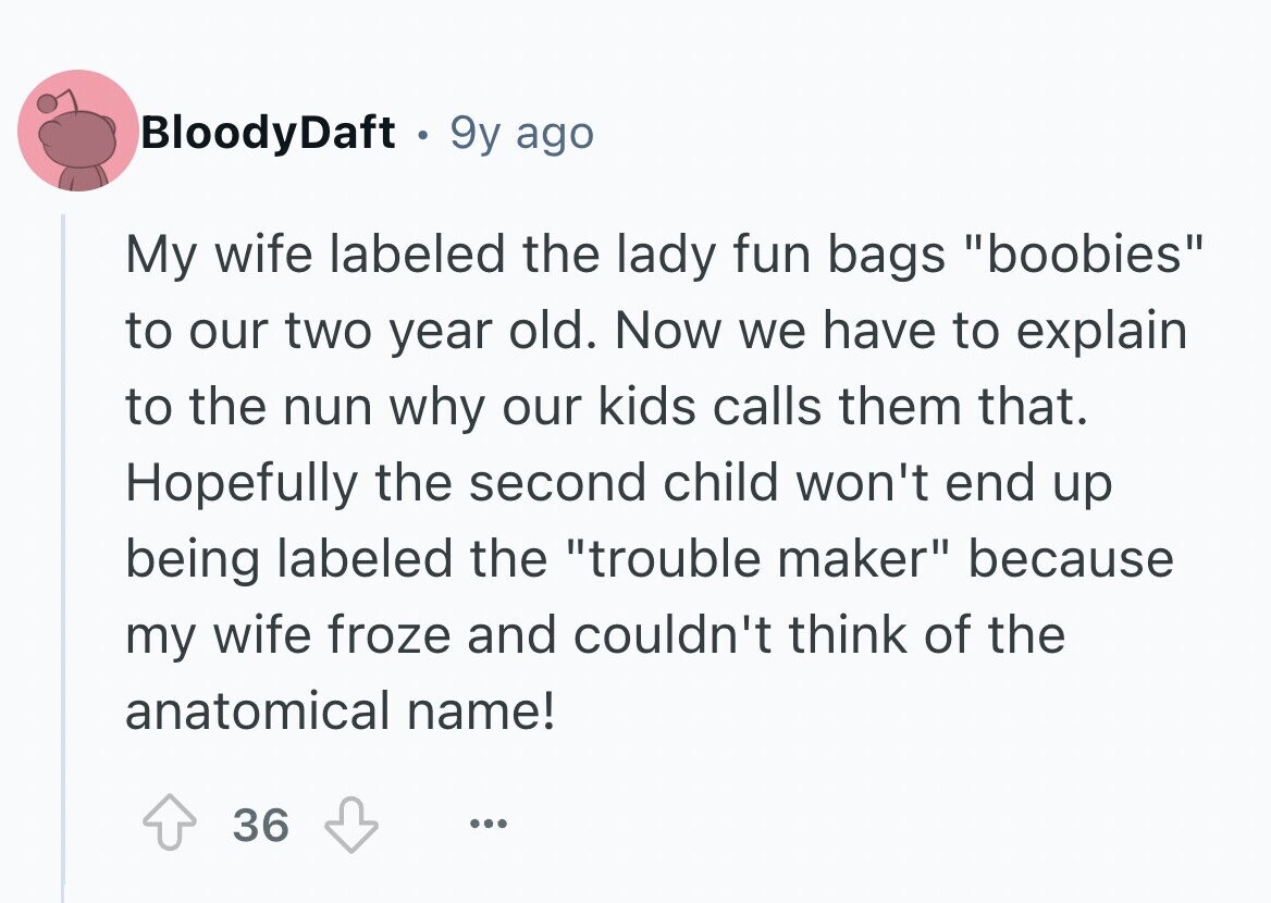 BloodyDaft 9y ago My wife labeled the lady fun bags boobies to our two year old. Now we have to explain to the nun why our kids calls them that. Hopefully the second child won't end up being labeled the trouble maker because my wife froze and couldn't think of the anatomical name! 36 ...