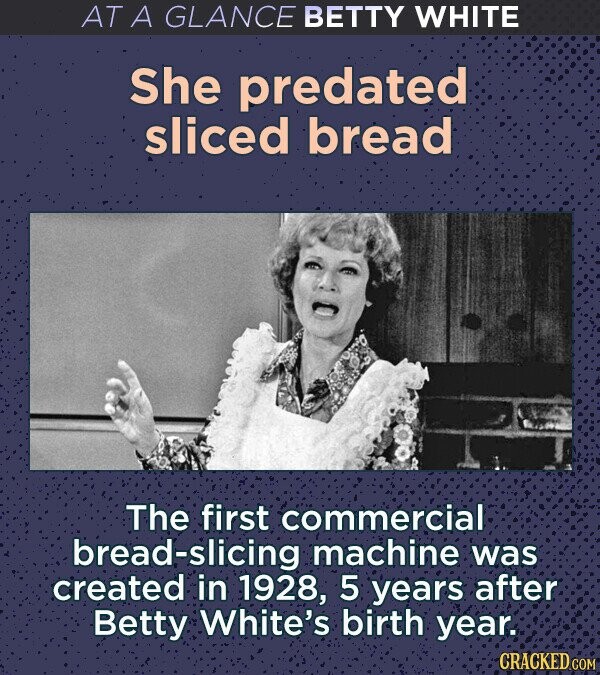 AT A GLANCE BETTY WHITE She predated sliced bread The first commercial bread-slicing machine was created in 1928, 5 years after Betty White's birth year. CRACKED.COM