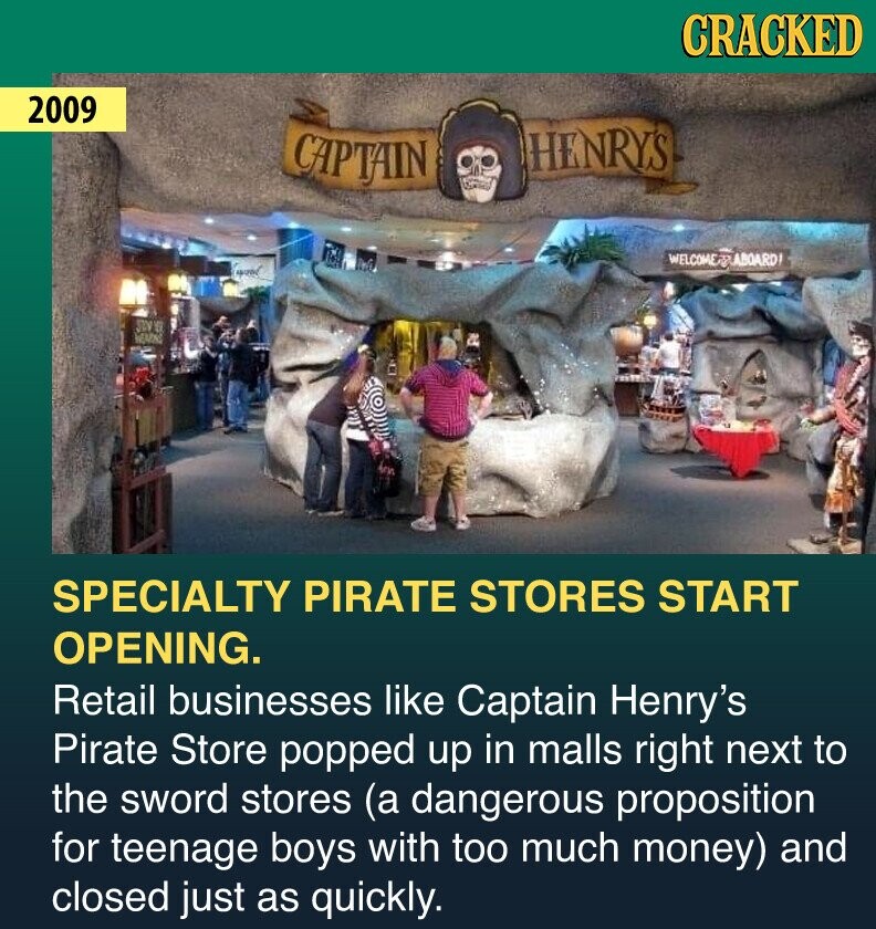 CRACKED 2009 HENRYS CAPTAIN WELCOME ABOARD! wood SING WEARNS SPECIALTY PIRATE STORES START OPENING. Retail businesses like Captain Henry's Pirate Store popped up in malls right next to the sword stores (a dangerous proposition for teenage boys with too much money) and closed just as quickly.