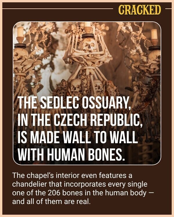 CRACKED THE SEDLEC OSSUARY, IN THE CZECH REPUBLIC, IS MADE WALL TO WALL WITH HUMAN BONES. The chapel's interior even features a chandelier that incorporates every single one of the 206 bones in the human body - and all of them are real.
