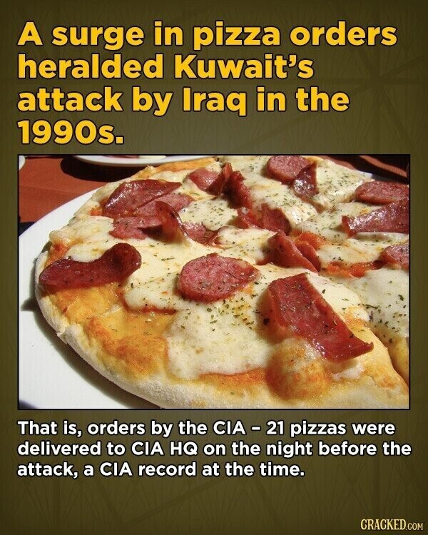 A surge in pizza orders heralded Kuwait's attack by Iraq in the 1990s. That is, orders by the CIA-21 pizzas were delivered to CIA HQ on the night before the attack, a CIA record at the time. CRACKED.COM