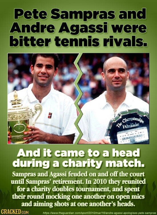 Pete Sampras and Andre Agassi were bitter tennis rivals. The Championships And it came to a head during a charity match. Sampras and Agassi feuded on and off the court until Sampras' retirement. In 2010 they reunited for a charity doubles tournament, and spent their round mocking one another on open mics and aiming shots at one another's heads. CRACKED.COM https://www.theguardian.com/sport/2010/mar/16/andre-agassi-apologises-pete-sampras