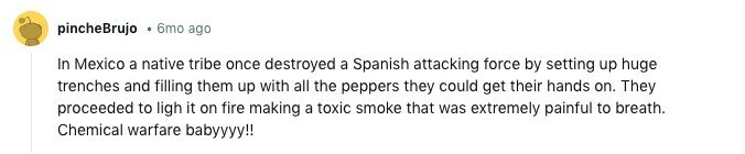 pincheBrujo 6mo ago In Mexico a native tribe once destroyed a Spanish attacking force by setting up huge trenches and filling them up with all the peppers they could get their hands on. They proceeded to ligh it on fire making a toxic smoke that was extremely painful to breath. Chemical warfare babyyyy!! 