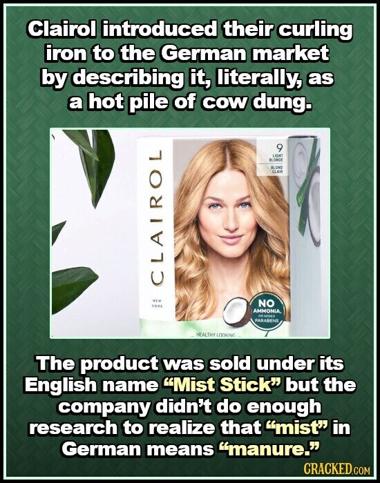 Clairol introduced their curling iron to the German market by describing it, literally, as a hot pile of cow dung. 9 LIGHT BLONDE BLOND CLAIR CLAIROL NEW YORK NO AMMONIA, ce ADDED PARABENS HEALTHY LOOKING The product was sold under its English name Mist Stick but the company didn't do enough research to realize that mist in German means manure. CRACKED.COM