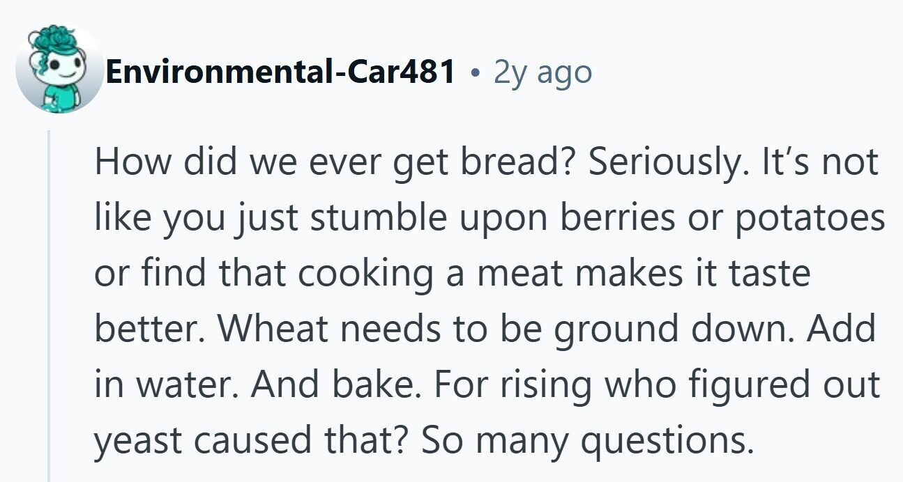 Environmental-Car481 2y ago How did we ever get bread? Seriously. It's not like you just stumble upon berries or potatoes or find that cooking a meat makes it taste better. Wheat needs to be ground down. Add in water. And bake. For rising who figured out yeast caused that? So many questions.