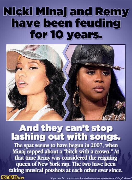 Nicki Minaj and Remy have been feuding for 10 years. Ditchange And they can't stop lashing out with songs. The spat seems to have begun in 2007, when Minaj rapped about a bitch with a crown. At that time Remy was considered the reigning queen of New York rap. The two have been taking musical potshots at each other ever since. CRACKED.COM http://people.com/music/nicki-minaj-remy-ma-rap-beef-everything-to-know/
