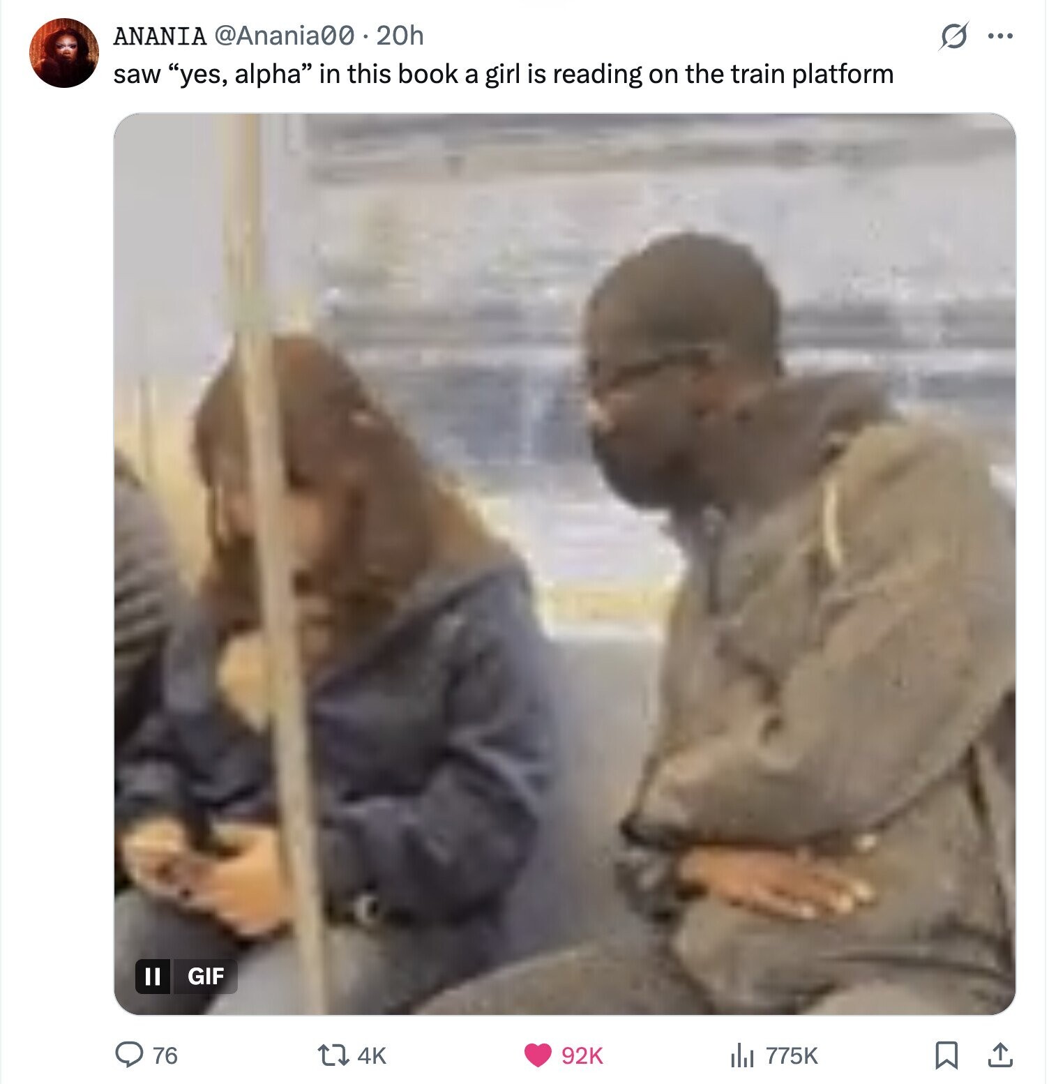 ANANIA @Anania00 9.20h O ... saw yes, alpha in this book a girl is reading on the train platform GIF 76 92K 775K 4K 