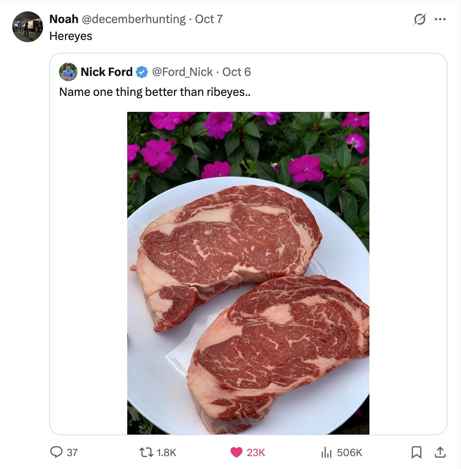 Noah @decemberhunting Oct 7 S ... Hereyes Nick Ford @Ford_Nick Oct 6 Name one thing better than ribeyes.. 37 23K 1.8K 506K 