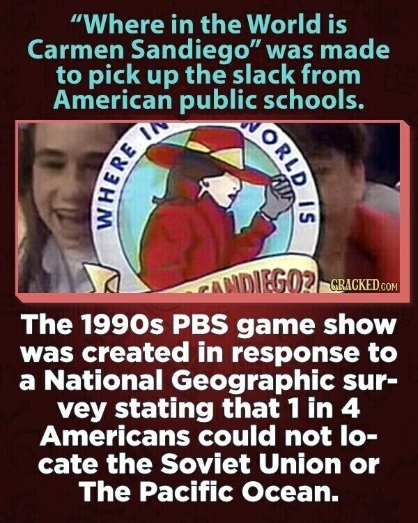 Where in the World is Carmen Sandiego was made to pick up the slack from American public schools. WITH IN WORLD IS ANDIEGO? CRACKED.COM The 1990s PBS game show was created in response to a National Geographic sur- vey stating that 1 in 4 Americans could not lo- cate the Soviet Union or The Pacific Ocean.