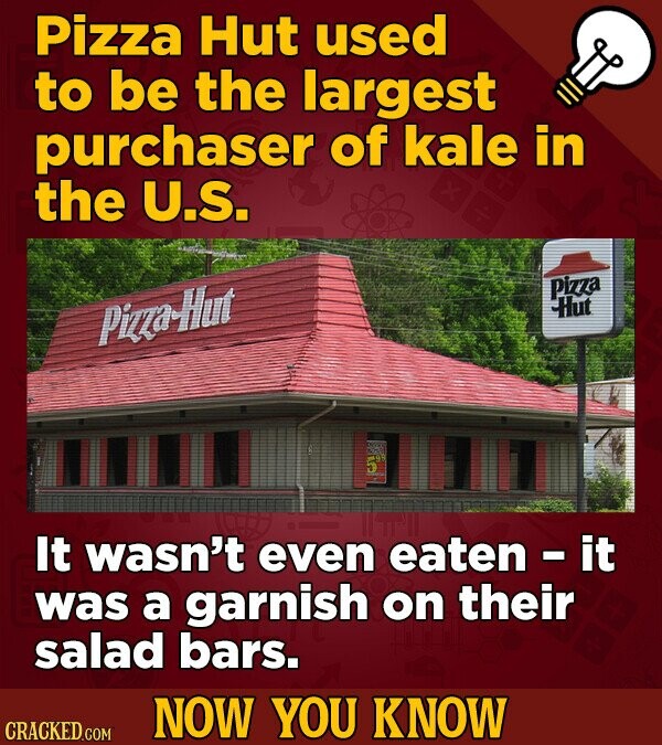 Pizza Hut used to be the largest purchaser of kale in the U.S. Pizza Hut Pizza-Hut 5' It wasn't even eaten - it was a garnish on their salad bars. NOW YOU KNOW CRACKED.COM