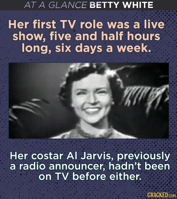 AT A GLANCE BETTY WHITE Her first TV role was a live show, five and half hours long, six days a week. Her costar Al Jarvis, previously a radio announcer, hadn't been on TV before either. CRACKED.COM