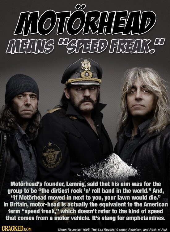 MOTORHEAD MEANS SPEED FREAK. Ball August DOIRS Motorhead's founder, Lemmy, said that his aim was for the group to be the dirtiest rock 'n' roll band in the world. And, if Motorhead moved in next to you, your lawn would die. In Britain, motor-head is actually the equivalent to the American term speed freak, which doesn't refer to the kind of speed that comes from a motor vehicle. It's slang for amphetamines. CRACKED.COM Simon Reynolds, 1995. The Sex Revolts: Gender, Rebellion, and Rock 'n' Roll.