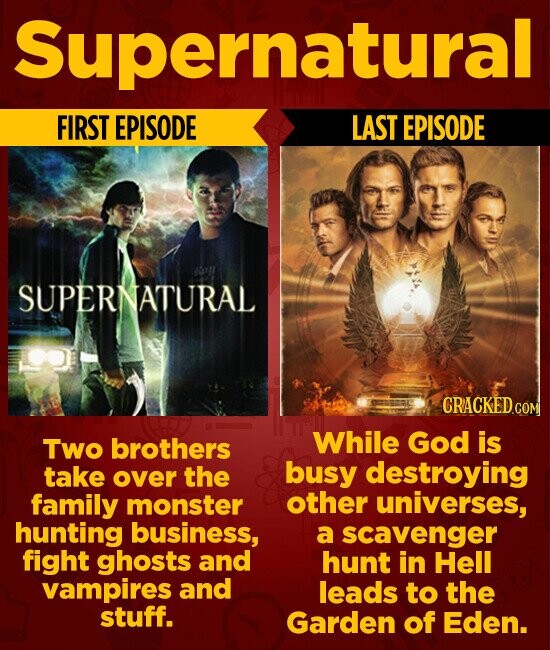 Supernatural FIRST EPISODE LAST EPISODE Kay SUPERNATURAL CRACKED.COM While God is Two brothers take over the busy destroying other universes, family monster hunting business, a scavenger fight ghosts and hunt in Hell vampires and leads to the stuff. Garden of Eden.