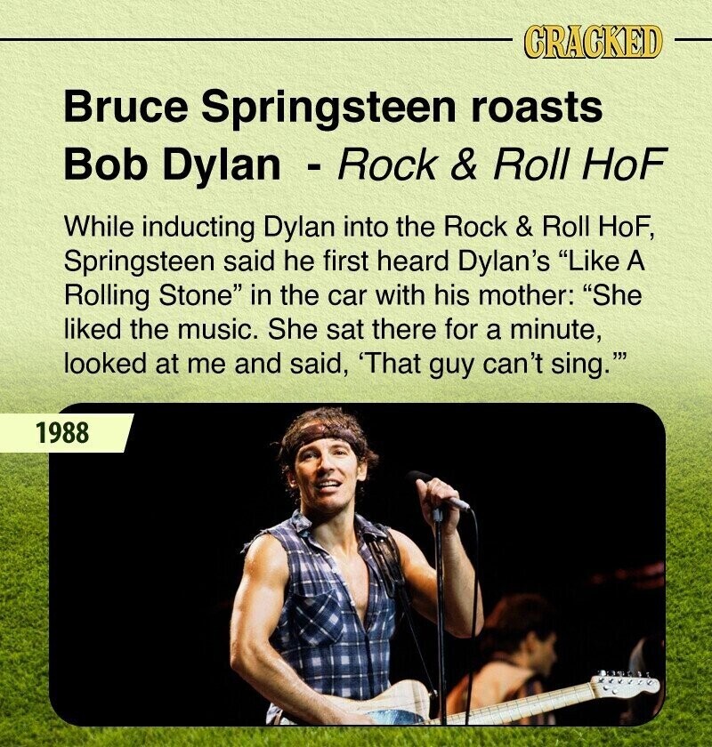 CRACKED Bruce Springsteen roasts Bob Dylan - Rock & Roll HoF While inducting Dylan into the Rock & Roll HoF, Springsteen said he first heard Dylan's Like A Rolling Stone in the car with his mother: She liked the music. She sat there for a minute, looked at me and said, 'That guy can't sing. 1988