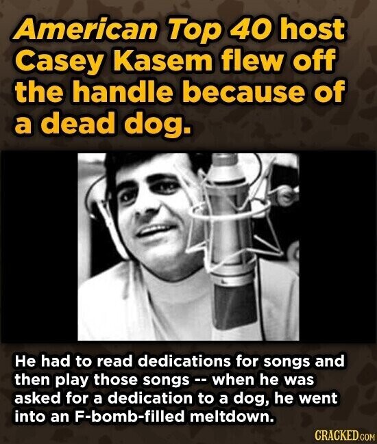 American Top 40 host Casey Kasem flew off the handle because of a dead dog. Не had to read dedications for songs and then play those songs - w wen he was asked for a dedication to a dog, he went into an F-bomb-filled meltdown. CRACKED.COM