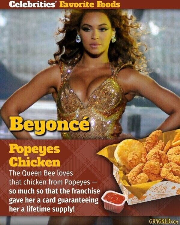 Celebrities' Favorite Foods Beyoncé Popeyes Chicken The Queen Bee loves that chicken from Popeyes - so much so that the franchise gave her a card guaranteeing NEAT her a lifetime supply! CRACKED.COM