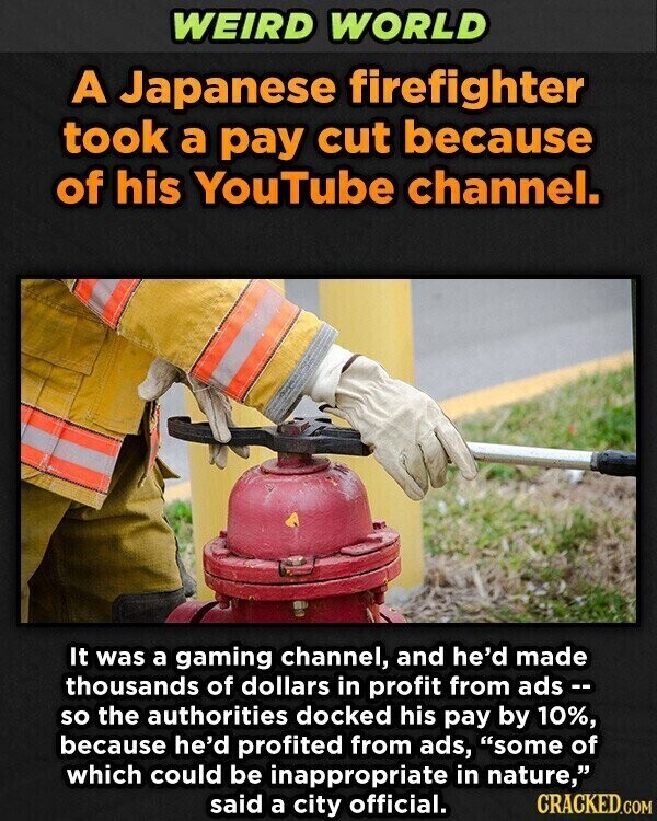 WEIRD WORLD A Japanese firefighter took a pay cut because of his YouTube channel. It was a gaming channel, and he'd made thousands of dollars in profit from ads -- so the authorities docked his pay by 10%, because he'd profited from ads, some of which could be inappropriate in nature, CRACKED.COM said a city official.