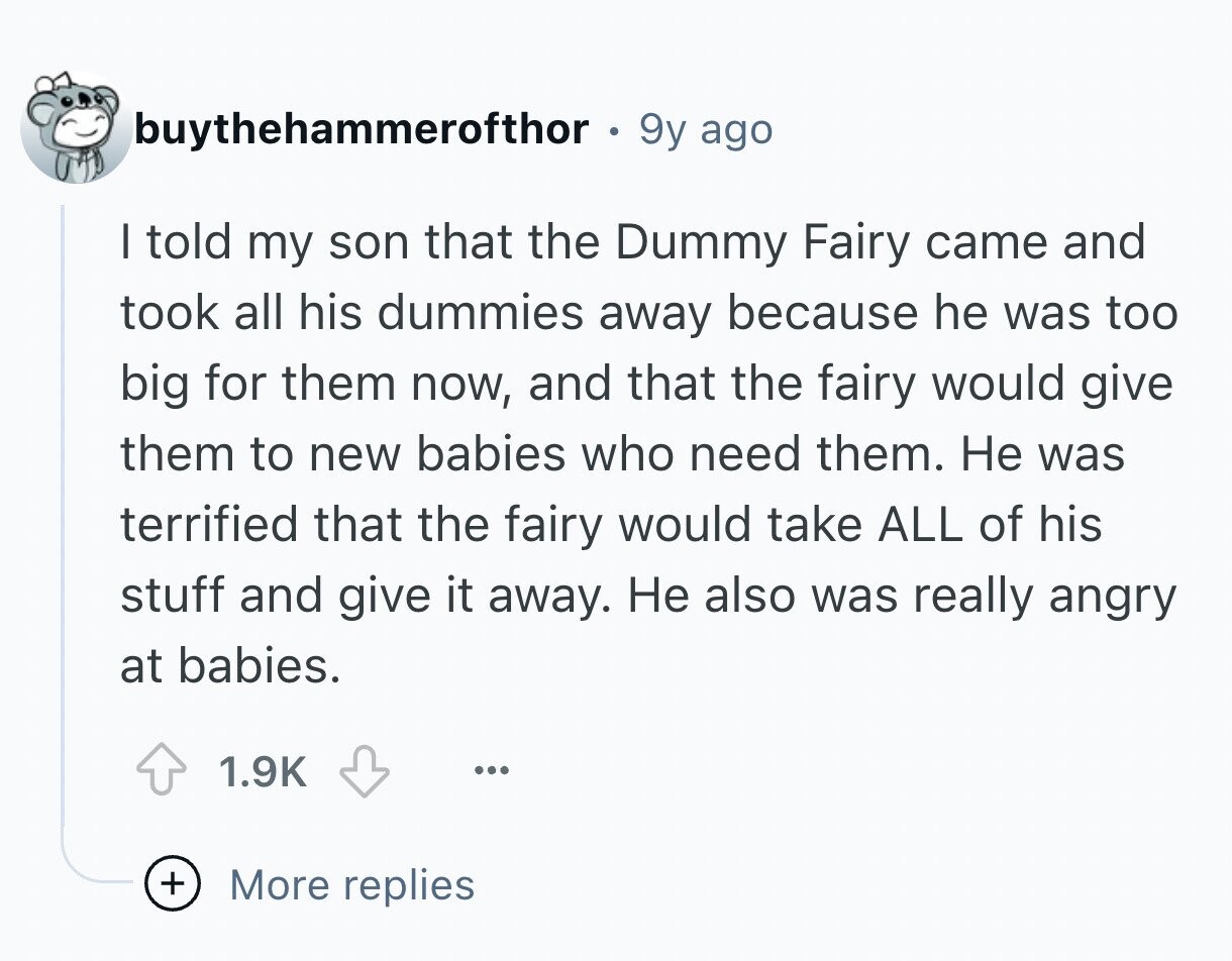 buythehammerofthor . 9y ago I told my son that the Dummy Fairy came and took all his dummies away because he was too big for them now, and that the fairy would give them to new babies who need them. Не was terrified that the fairy would take ALL of his stuff and give it away. Не also was really angry at babies. 1.9K ... + More replies