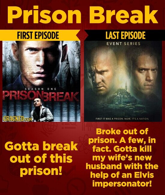 Prison Break FIRST EPISODE LAST EPISODE EVENT SERIES SEASON ONE PRISONBREAK CRACKED.COM FIRST IT WAS A PRISON. NOW. IT'S A NATION. Broke out of prison. A few, in Gotta break fact. Gotta kill out of this my wife's new husband with the prison! help of an Elvis impersonator!