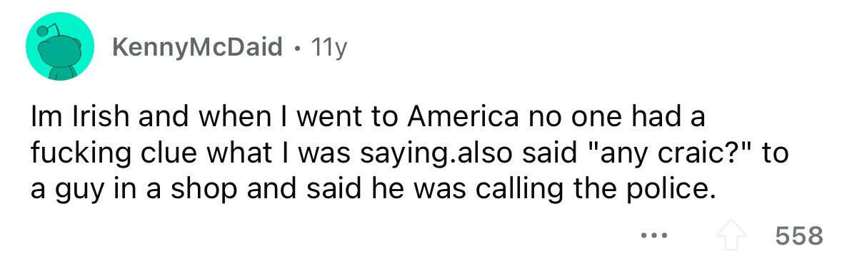 KennyMcDaid 11y Im Irish and when I went to America no one had a fucking clue what I was saying.also said any craic? to a guy in a shop and said he was calling the police. ... 558