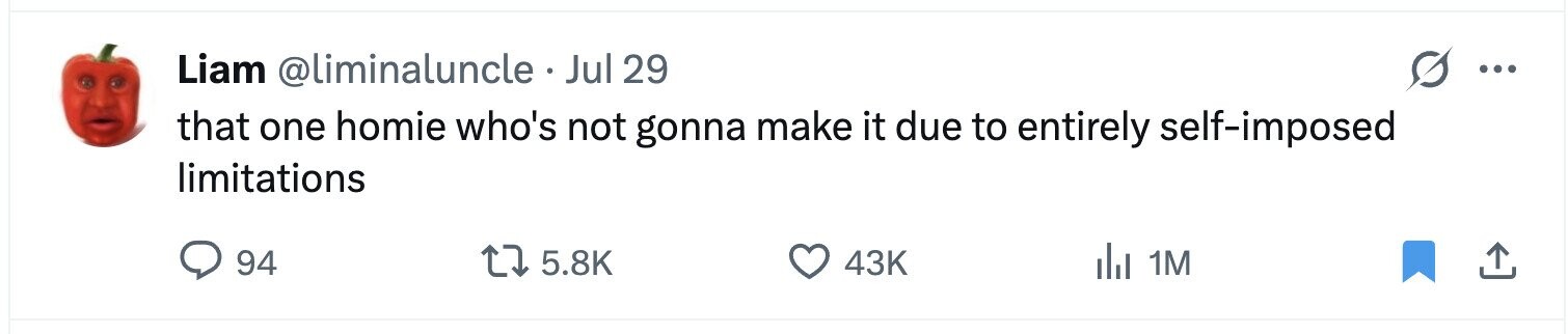Liam @liminaluncle • Jul 29 ... that one homie who's not gonna make it due to entirely self-imposed limitations 94 5.8K 43K del 1M 