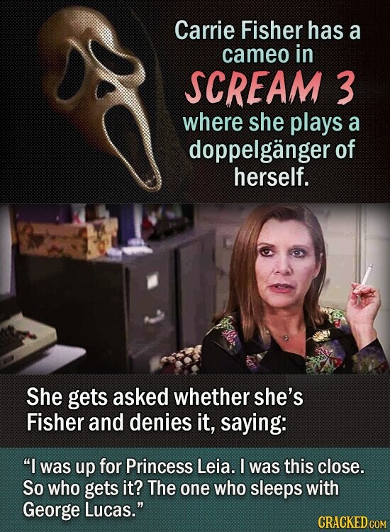 Carrie Fisher has a cameo in SCREAM 3 where she plays a doppelgänger of herself. She gets asked whether she's Fisher and denies it, saying: I was up for Princess Leia. I was this close. So who gets it? The one who sleeps with George Lucas. CRACKED.COM