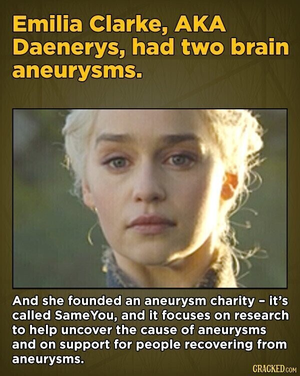 Emilia Clarke, AKA Daenerys, had two brain aneurysms. And she founded an aneurysm charity - it's called SameYou, and it focuses on research to help uncover the cause of aneurysms and on support for people recovering from aneurysms. CRACKED.COM
