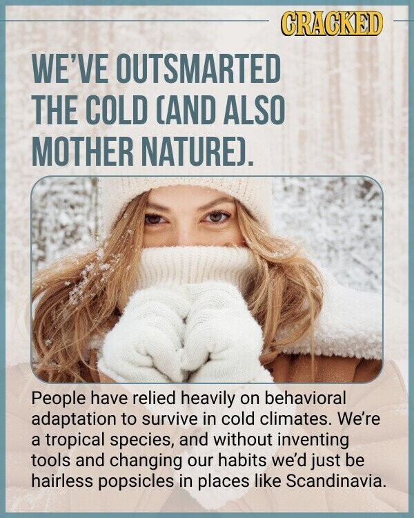 CRACKED WE'VE OUTSMARTED THE COLD (AND ALSO MOTHER NATURE). People have relied heavily on behavioral adaptation to survive in cold climates. We're a tropical species, and without inventing tools and changing our habits we'd just be hairless popsicles in places like Scandinavia.