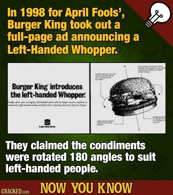 In 1998 for April Fools', Burger King took out a full-page ad announcing a Left-Handed Whopper. - - - 200 I - - - - - Burger King introduces the left-handed Whopper. adidas - of ist dated value and - bayer NONE - - who may - - - - - I'm - They claimed the condiments were rotated 180 angles to suit left-handed people. NOW YOU KNOW CRACKED.COM
