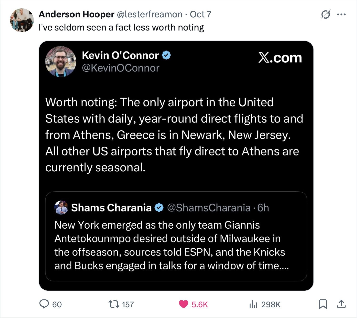 Anderson Hooper @lesterfreamon Oct 7 s ... I've seldom seen a fact less worth noting Kevin O'Connor X.com @KevinOConnor Worth noting: The only airport in the United States with daily, year-round direct flights to and from Athens, Greece is in Newark, New Jersey. All other US airports that fly direct to Athens are currently seasonal. Shams Charania @ShamsCharania-6h New York emerged as the only team Giannis Antetokounmpo desired outside of Milwaukee in the offseason, sources told ESPN, and the Knicks and Bucks engaged in talks for a window of time.... 60 157 5.6K 298K 
