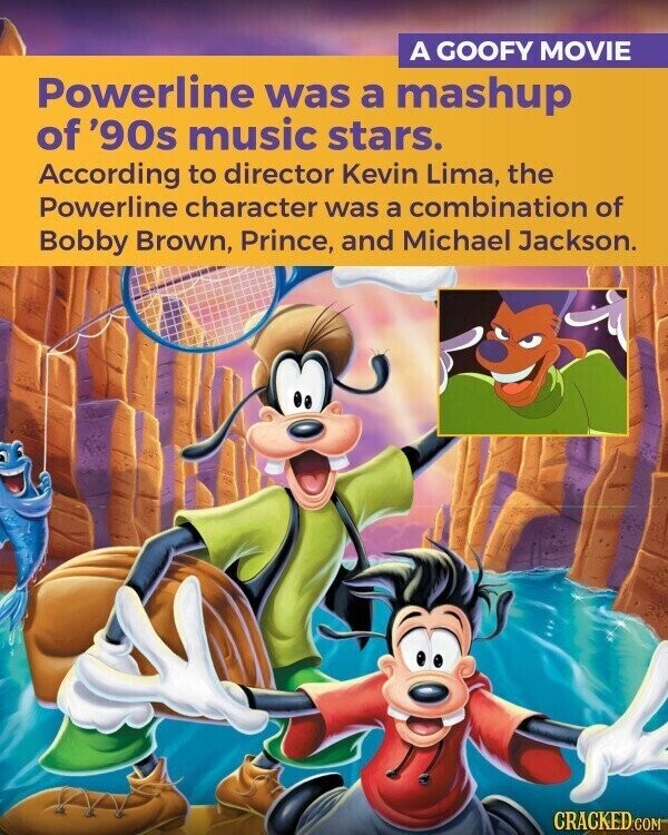 A GOOFY MOVIE Powerline was a mashup of '90s music stars. According to director Kevin Lima, the Powerline character was a combination of Bobby Brown, Prince, and Michael Jackson. CRACKED.COM