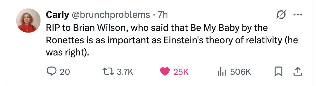 Carly @brunchproblems. 7h ... RIP to Brian Wilson, who said that Be My Baby by the Ronettes is as important as Einstein's theory of relativity (he was right). 20 3.7K 25K 506K