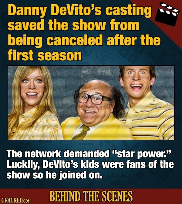 Danny DeVito's casting saved the show from being canceled after the first season The network demanded star power. Luckily, DeVito's kids were fans of the show so he joined on. BEHIND THE SCENES CRACKED.COM