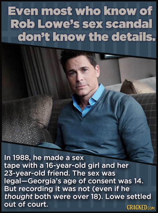Even most who know of Rob Lowe's sex scandal don't know the details. In 1988, he made a sex tape with a 16-year-old girl and her 23-year-old friend. The sex was legal-Georgia's age of consent was 14. But recording it was not (even if he thought both were over 18). Lowe settled out of court. CRACKED.COM