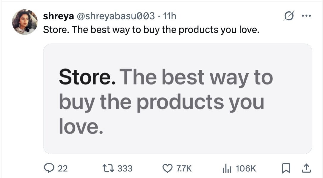 shreya @shreyabasu003 - - 11h ... Store. The best way to buy the products you love. Store. The best way to buy the products you love. 22 333 7.7K del 106K
