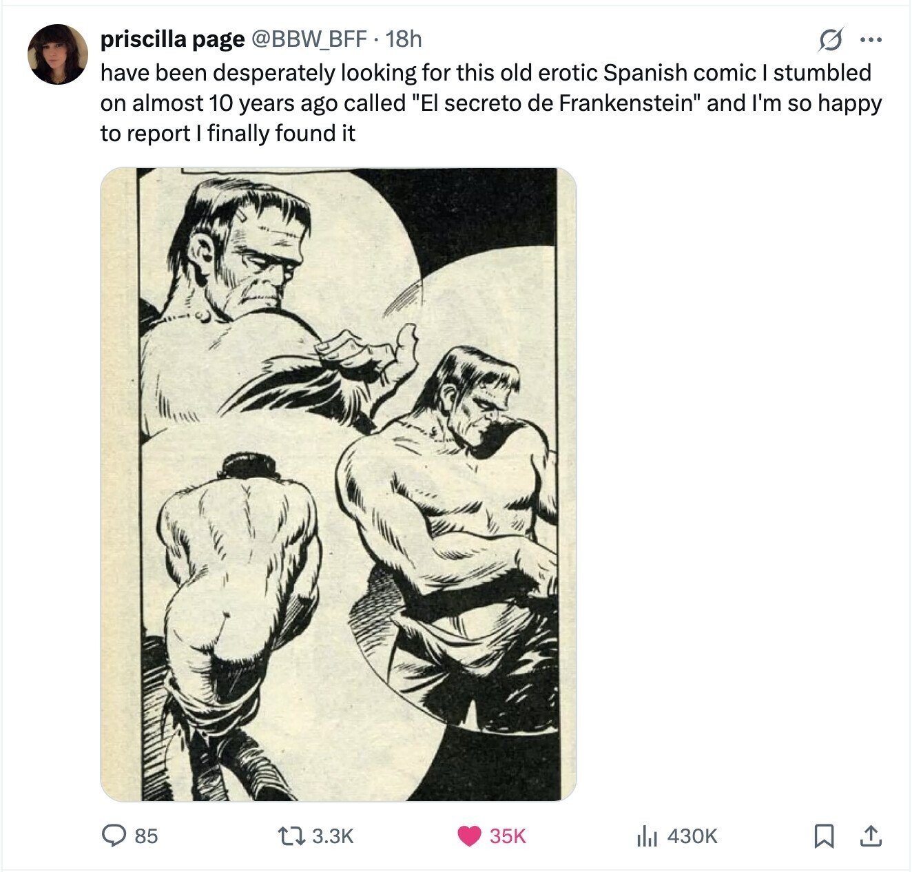 S ... priscilla page @BBW_BFF . 18h have been desperately looking for this old erotic Spanish comic I stumbled on almost 10 years ago called El secreto de Frankenstein and I'm so happy to report I finally found it 85 3.3K 35K del 430K 