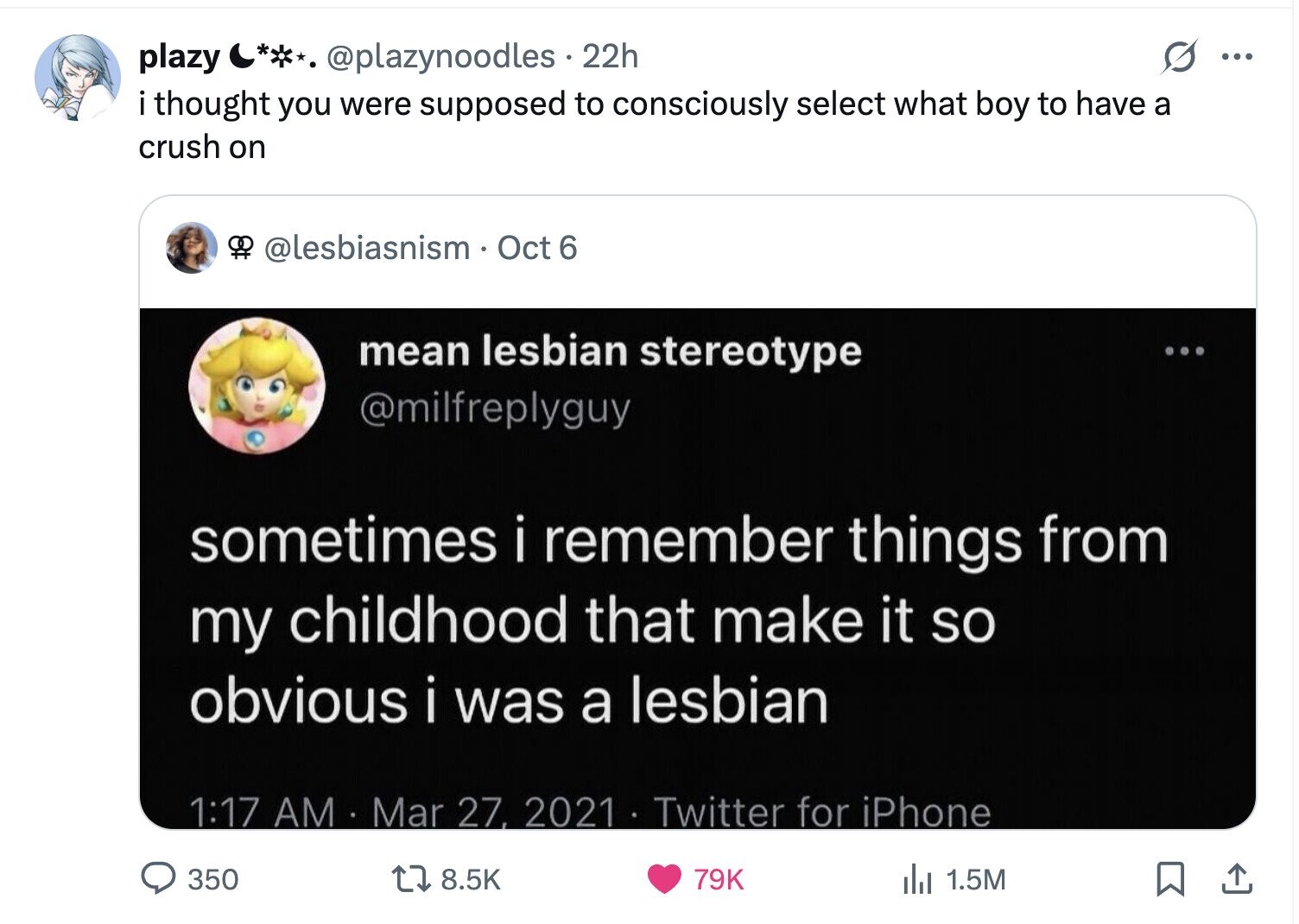 s ... @plazynoodles 22h plazy i thought you were supposed to consciously select what boy to have a crush on @lesbiasnism. Oct 6 mean lesbian stereotype ... @milfreplyguy sometimes i remember things from my childhood that make it so obvious i was a lesbian 1:17 AM Mar 27, 2021 - Twitter for iPhone 350 8.5K 79K del 1.5M 